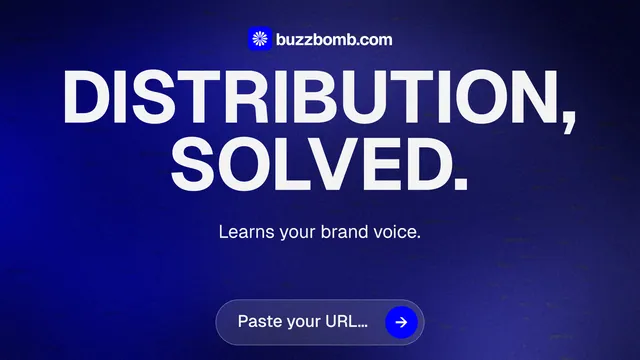 Landscape graphic for BuzzBomb: "Distribution, solved." Agentic glass style, centred layout, dark palette in blue.