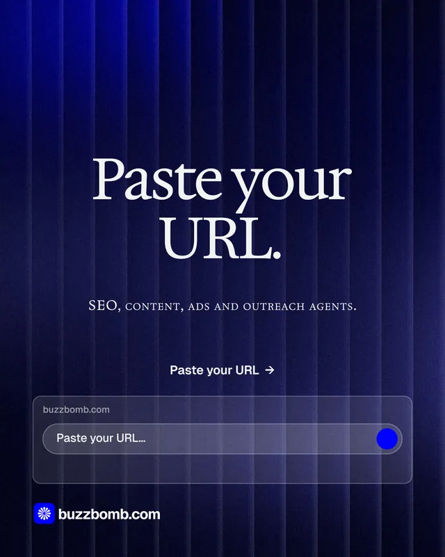 Instagram portrait post for BuzzBomb: "Paste your URL." Agentic glass style, smallcaps layout, dark palette in blue, black, grey.