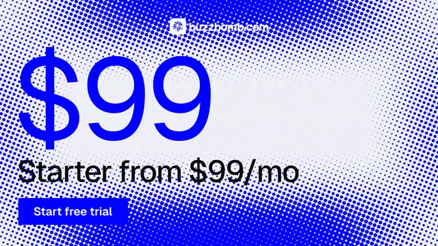 Landscape graphic for BuzzBomb: "Nothing ships unapproved." Swiss style, stat layout, light palette in blue, white.