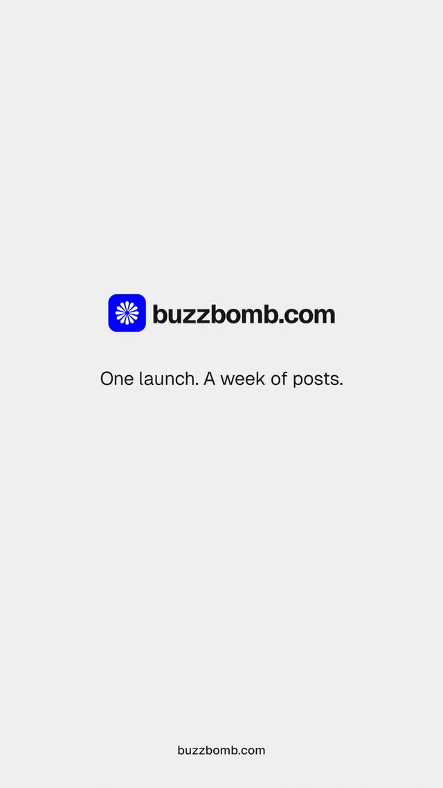 Instagram story for BuzzBomb: "One launch. A week of posts." Swiss style, end card layout, light palette in white.