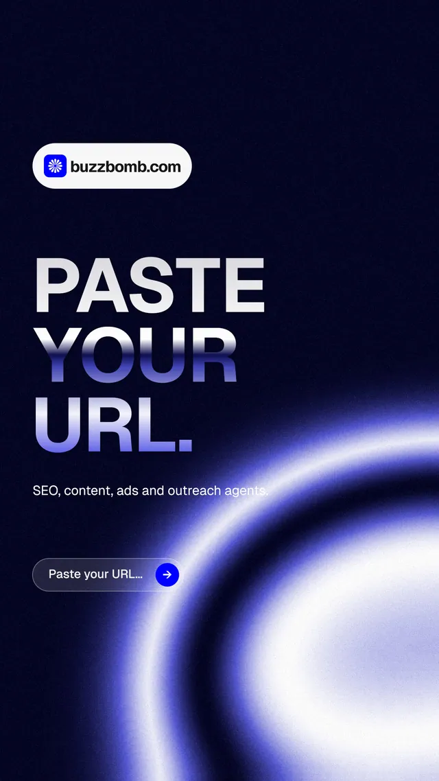 Instagram story for BuzzBomb: "Paste your URL." Agentic glass style, announce layout, dark palette in black, blue.