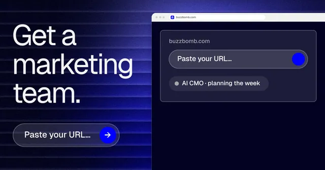 Social ad for BuzzBomb: "Get a marketing team." Agentic glass style, browser layout, dark palette in blue, black, grey.