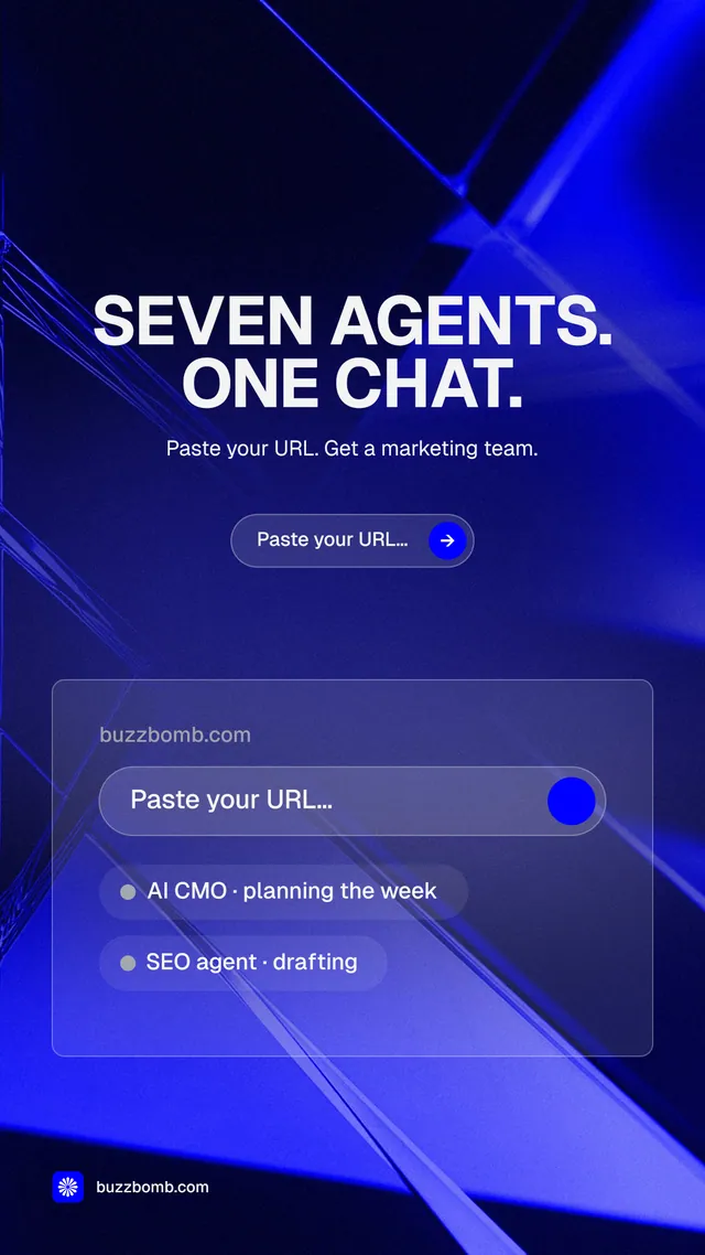 Instagram story for BuzzBomb: "Seven agents. One chat." Agentic glass style, centred layout, dark palette in black, blue.