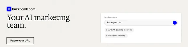 LinkedIn banner for BuzzBomb: "Your AI marketing team." Editorial style, bottom layout, light palette in white.