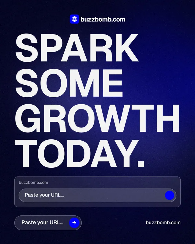 Instagram portrait post for BuzzBomb: "Spark some growth today." Agentic glass style, poster layout, dark palette in black, blue, white.