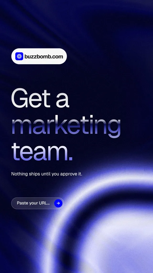 Instagram story for BuzzBomb: "Get a marketing team." Agentic glass style, announce layout, dark palette in blue, black.