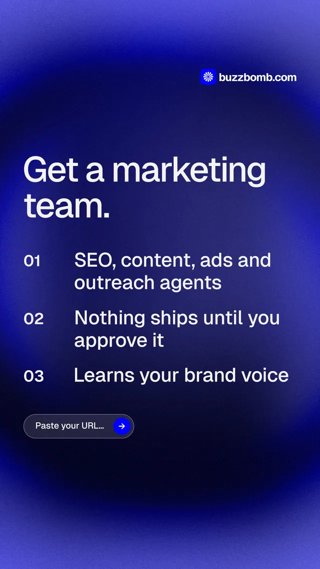 Instagram story for BuzzBomb: "Get a marketing team." Agentic glass style, numbered layout, dark palette in blue.