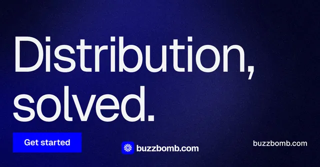 Social ad for BuzzBomb: "Distribution, solved." Swiss style, poster layout, dark palette in blue, black.