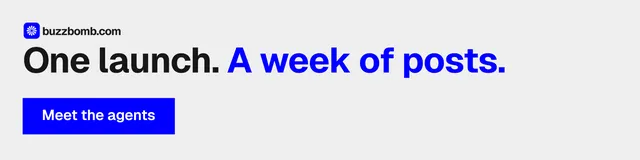 LinkedIn banner for BuzzBomb: "One launch. A week of posts." Swiss style, skeleton layout, light palette in white, blue.
