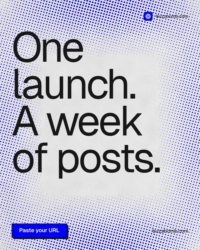 Instagram portrait post for BuzzBomb: "One launch. A week of posts." Brutalist style, poster layout, light palette in blue, white, grey.