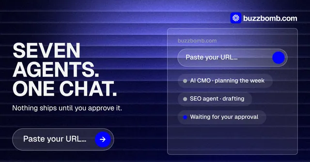 Social ad for BuzzBomb: "Seven agents. One chat." Agentic glass style, bottom layout, dark palette in blue, black.