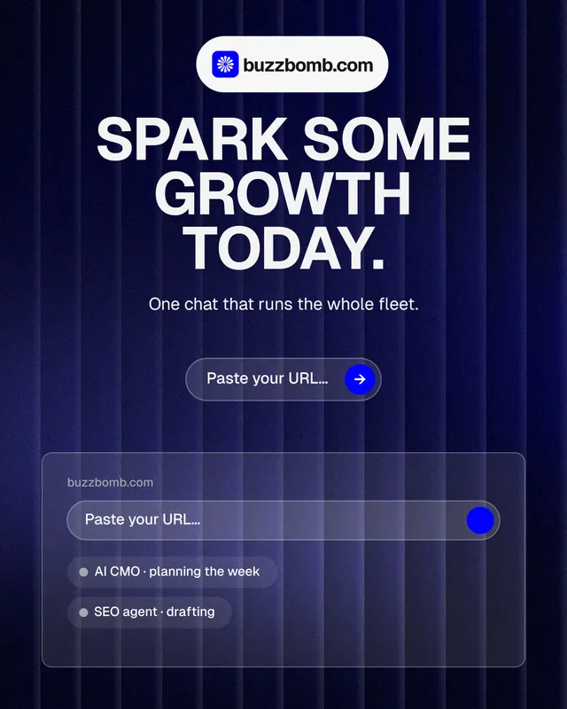 Instagram portrait post for BuzzBomb: "Spark some growth today." Agentic glass style, centred layout, dark palette in black, blue, grey.