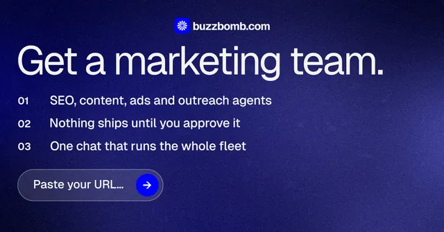 Social ad for BuzzBomb: "Get a marketing team." Agentic glass style, numbered layout, dark palette in blue.