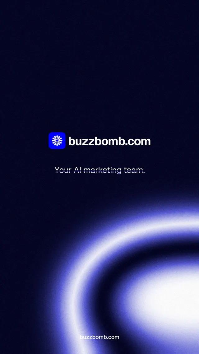 Instagram story for BuzzBomb: "Your AI marketing team." Agentic glass style, end card layout, dark palette in black, blue.