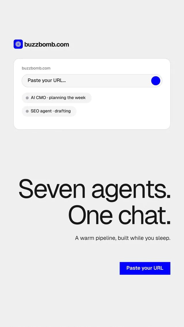 Instagram story for BuzzBomb: "Seven agents. One chat." Swiss style, right layout, light palette in white, grey.