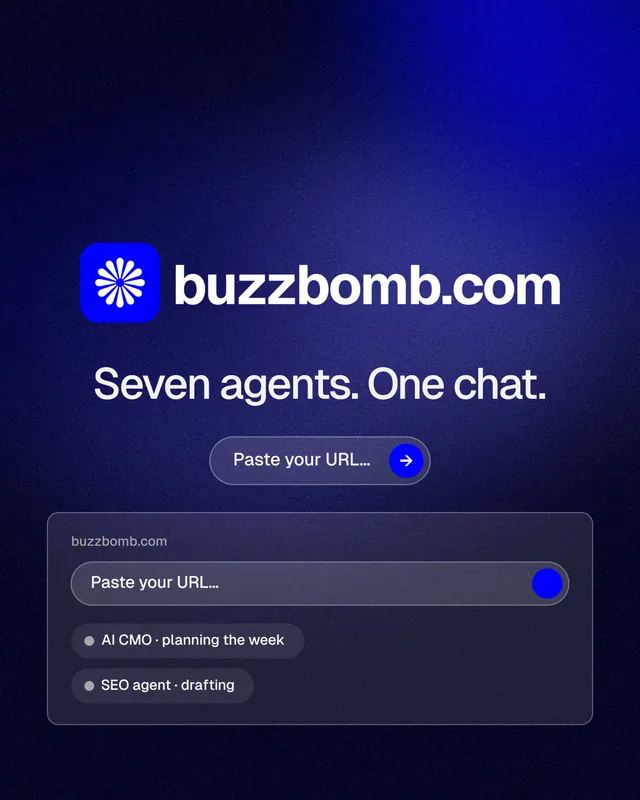 Instagram portrait post for BuzzBomb: "Seven agents. One chat." Agentic glass style, logo hero layout, dark palette in black, blue, grey.