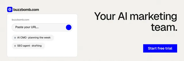 X header for BuzzBomb: "Your AI marketing team." Swiss style, right layout, light palette in white, blue.