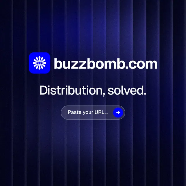 Instagram post for BuzzBomb: "Distribution, solved." Agentic glass style, logo hero layout, dark palette in black, blue.