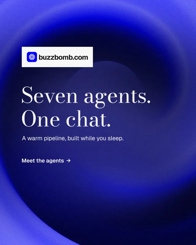Instagram portrait post for BuzzBomb: "Seven agents. One chat." Minimal luxury style, announce layout, dark palette in blue.