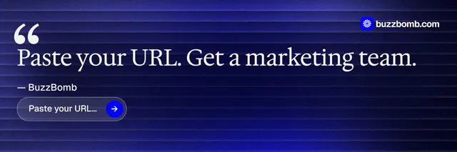 X header for BuzzBomb: "Your AI marketing team." Agentic glass style, quote layout, dark palette in black, blue.