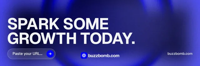 X header for BuzzBomb: "Spark some growth today." Agentic glass style, poster layout, dark palette in blue, grey.