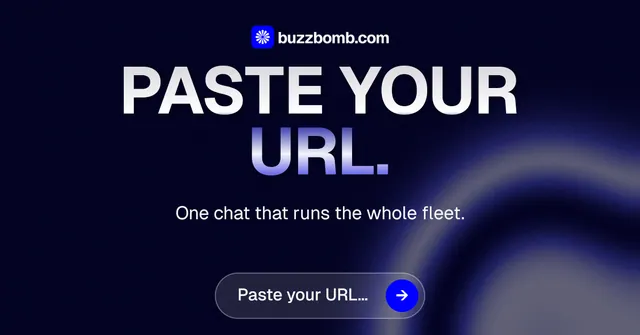 Social ad for BuzzBomb: "Paste your URL." Agentic glass style, centred layout, dark palette in black, grey, blue.