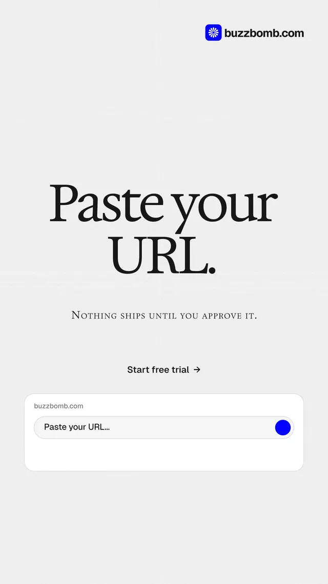 Instagram story for BuzzBomb: "Paste your URL." Swiss style, smallcaps layout, light palette in white, grey.