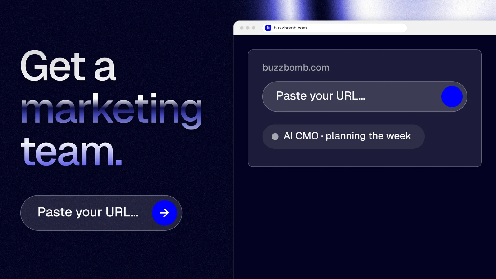 Landscape graphic for BuzzBomb: "Get a marketing team." Agentic glass style, browser layout, dark palette in black, blue, grey.