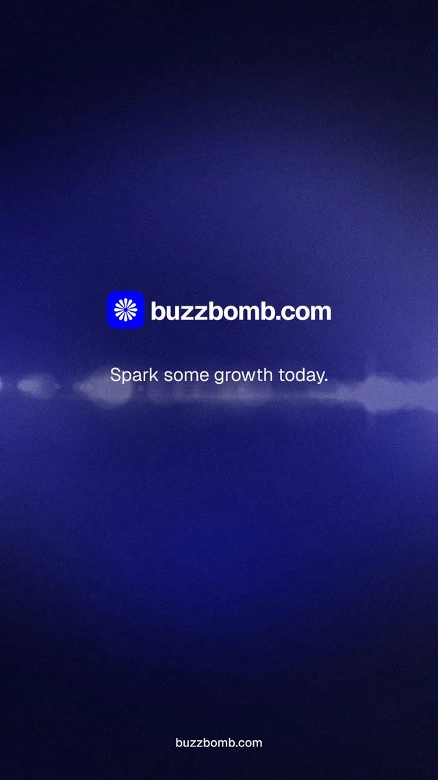Instagram story for BuzzBomb: "Spark some growth today." Agentic glass style, end card layout, dark palette in black, blue.