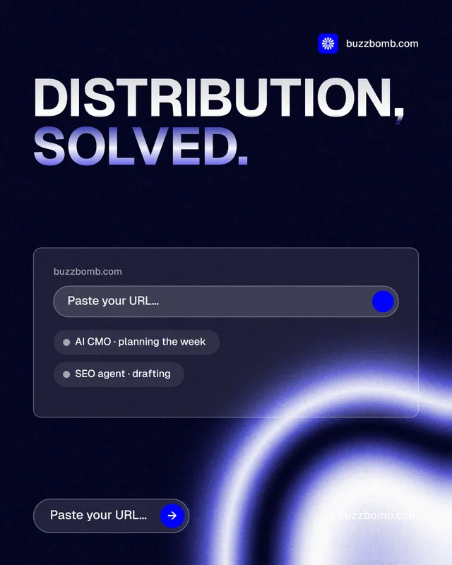 Instagram portrait post for BuzzBomb: "Distribution, solved." Agentic glass style, poster layout, dark palette in black, blue.