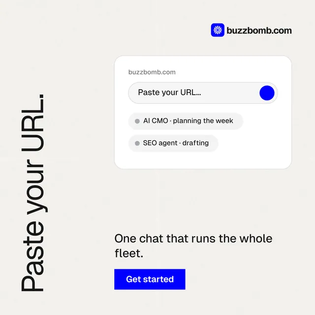 Instagram post for BuzzBomb: "Paste your URL." Swiss style, vertical layout, light palette in white.