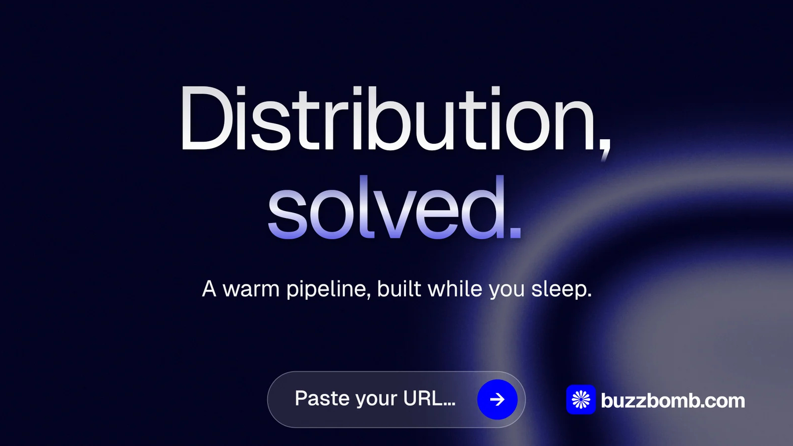Landscape graphic for BuzzBomb: "Distribution, solved." Agentic glass style, centred layout, dark palette in black, blue.