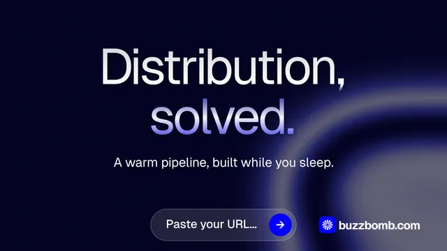 Landscape graphic for BuzzBomb: "Distribution, solved." Agentic glass style, centred layout, dark palette in black, blue.