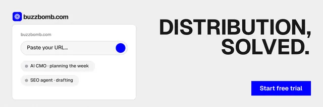 X header for BuzzBomb: "Distribution, solved." Swiss style, right layout, light palette in white, blue.