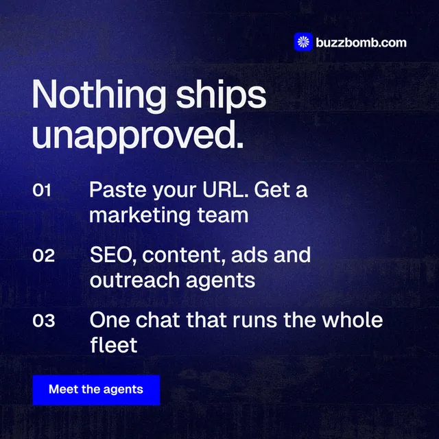 Instagram post for BuzzBomb: "Nothing ships unapproved." Swiss style, numbered layout, dark palette in black, blue, grey.