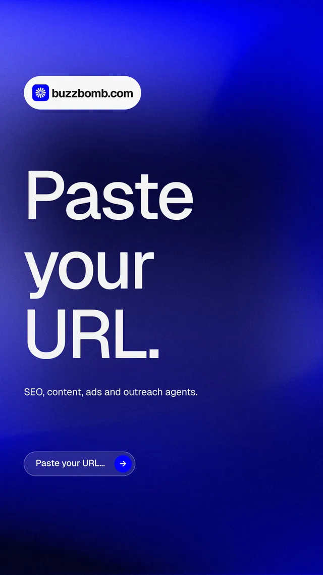 Instagram story for BuzzBomb: "Paste your URL." Agentic glass style, announce layout, dark palette in blue.