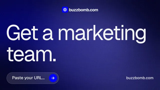 Landscape graphic for BuzzBomb: "Get a marketing team." Agentic glass style, poster layout, dark palette in blue.