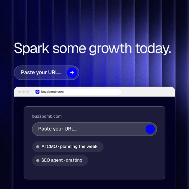 Instagram post for BuzzBomb: "Spark some growth today." Agentic glass style, browser layout, dark palette in blue, black.