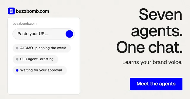 Social ad for BuzzBomb: "Seven agents. One chat." Swiss style, right layout, light palette in white, blue.