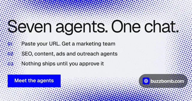 Social ad for BuzzBomb: "Seven agents. One chat." Split block style, numbered layout, light palette in blue, white.