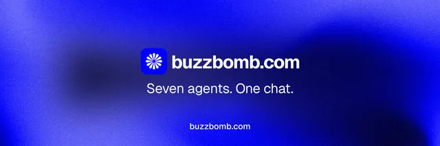 X header for BuzzBomb: "Seven agents. One chat." Swiss style, end card layout, dark palette in blue.