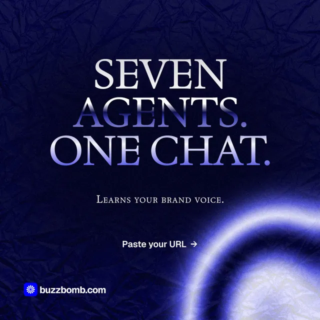Instagram post for BuzzBomb: "Seven agents. One chat." Agentic glass style, smallcaps layout, dark palette in blue, black.