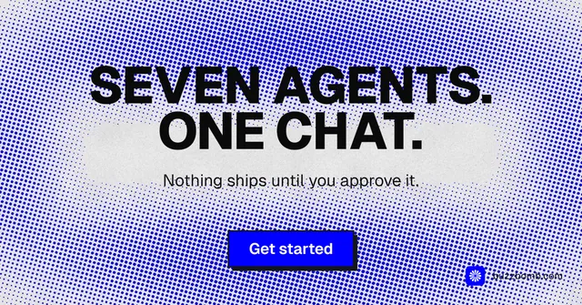 Social ad for BuzzBomb: "Seven agents. One chat." Brutalist style, centred layout, light palette in blue, white.