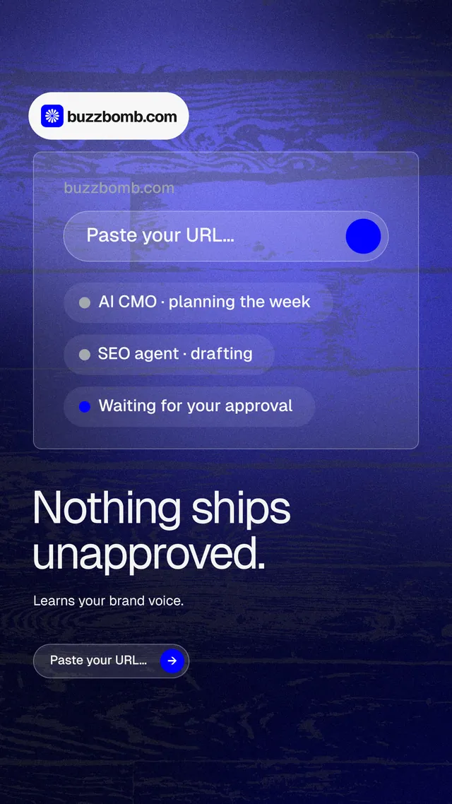 Instagram story for BuzzBomb: "Nothing ships unapproved." Agentic glass style, bottom layout, dark palette in black, blue.