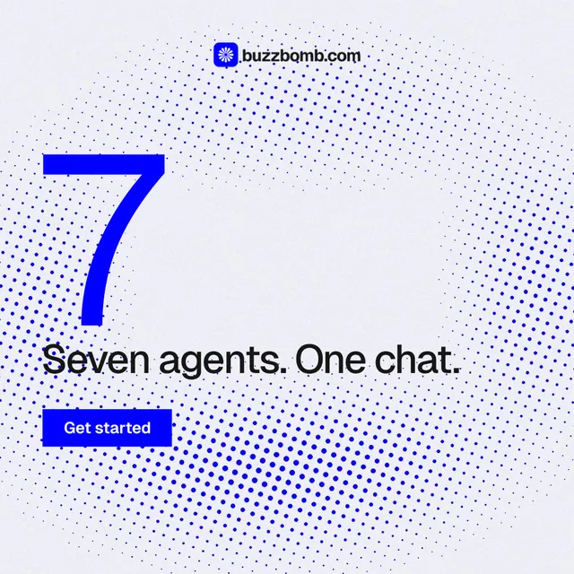Instagram post for BuzzBomb: "Your AI marketing team." Swiss style, stat layout, light palette in white, blue.