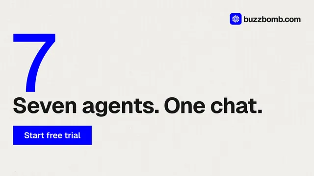 Landscape graphic for BuzzBomb: "Paste your URL." Swiss style, stat layout, light palette in white, blue.