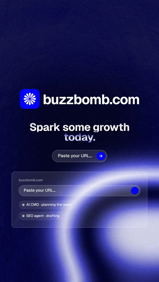 Instagram story for BuzzBomb: "Spark some growth today." Agentic glass style, logo hero layout, dark palette in blue, black.