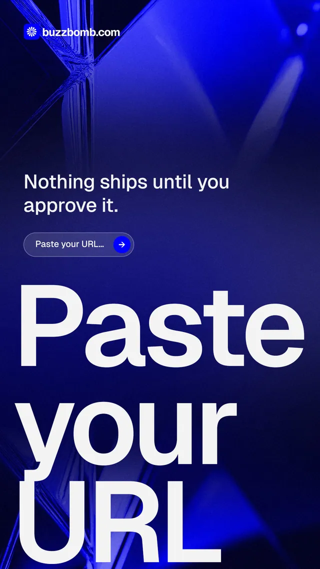 Instagram story for BuzzBomb: "Paste your URL." Agentic glass style, oversized layout, dark palette in blue, white.