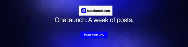 LinkedIn banner for BuzzBomb: "One launch. A week of posts." Swiss style, centred layout, dark palette in blue, black.