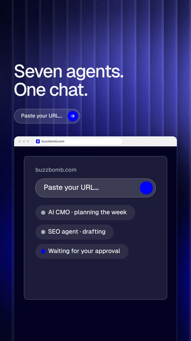 Instagram story for BuzzBomb: "Seven agents. One chat." Agentic glass style, browser layout, dark palette in blue, black, grey.